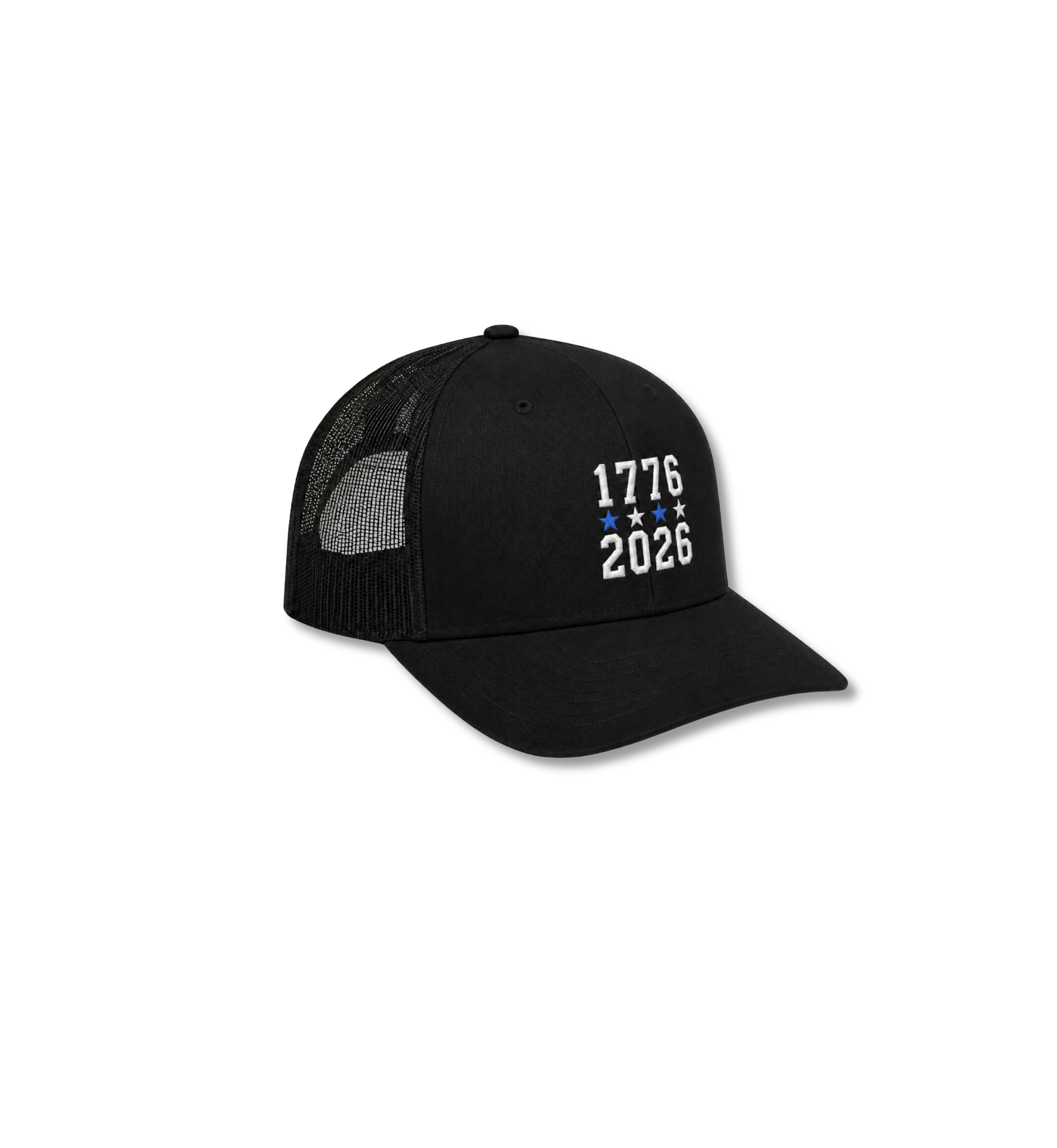 1776-2026 Embroidered Trucker Cap – Black and White Patriotic Western Hat
