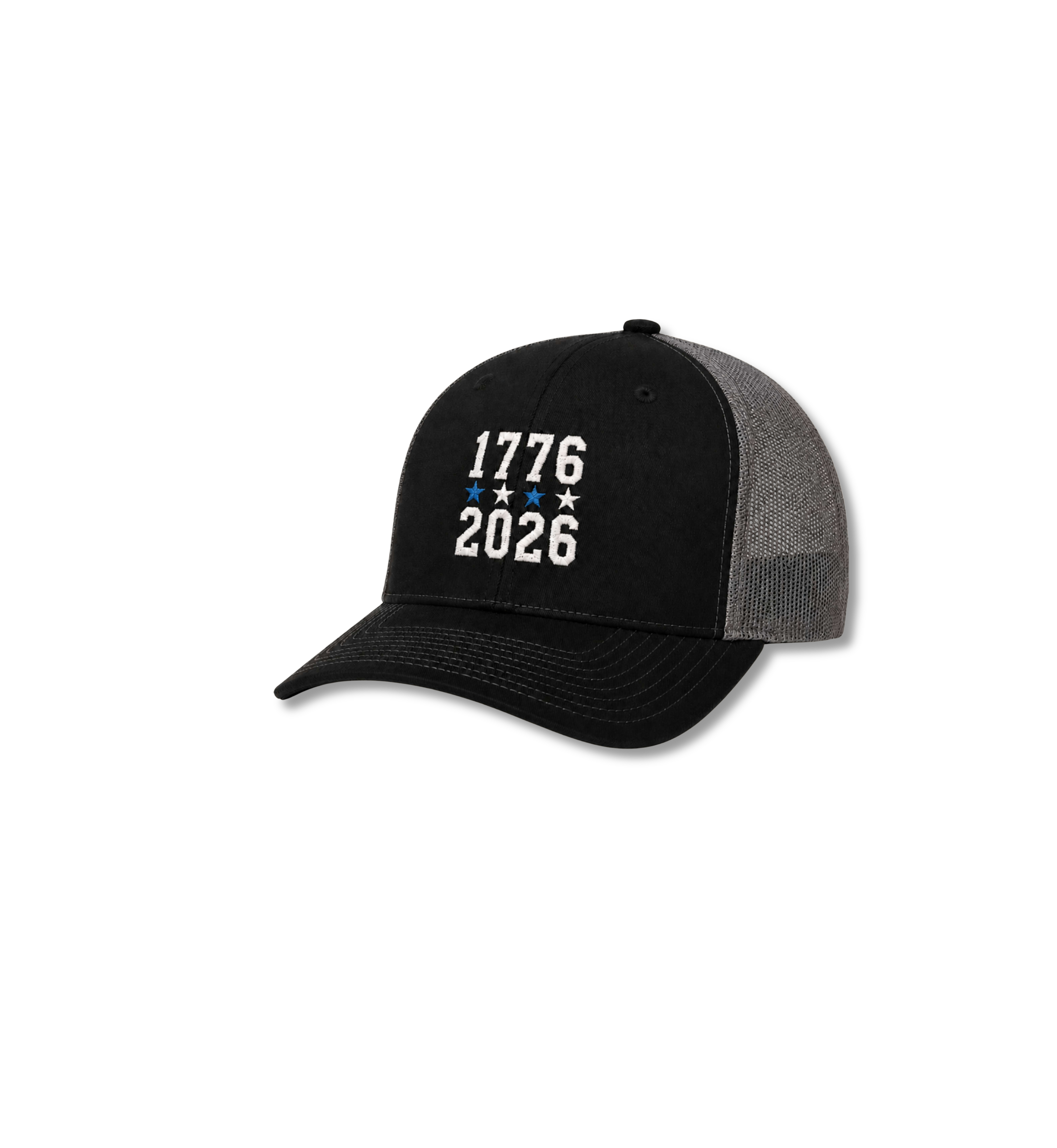 1776-2026 Embroidered Trucker Cap – Black and White Patriotic Western Hat