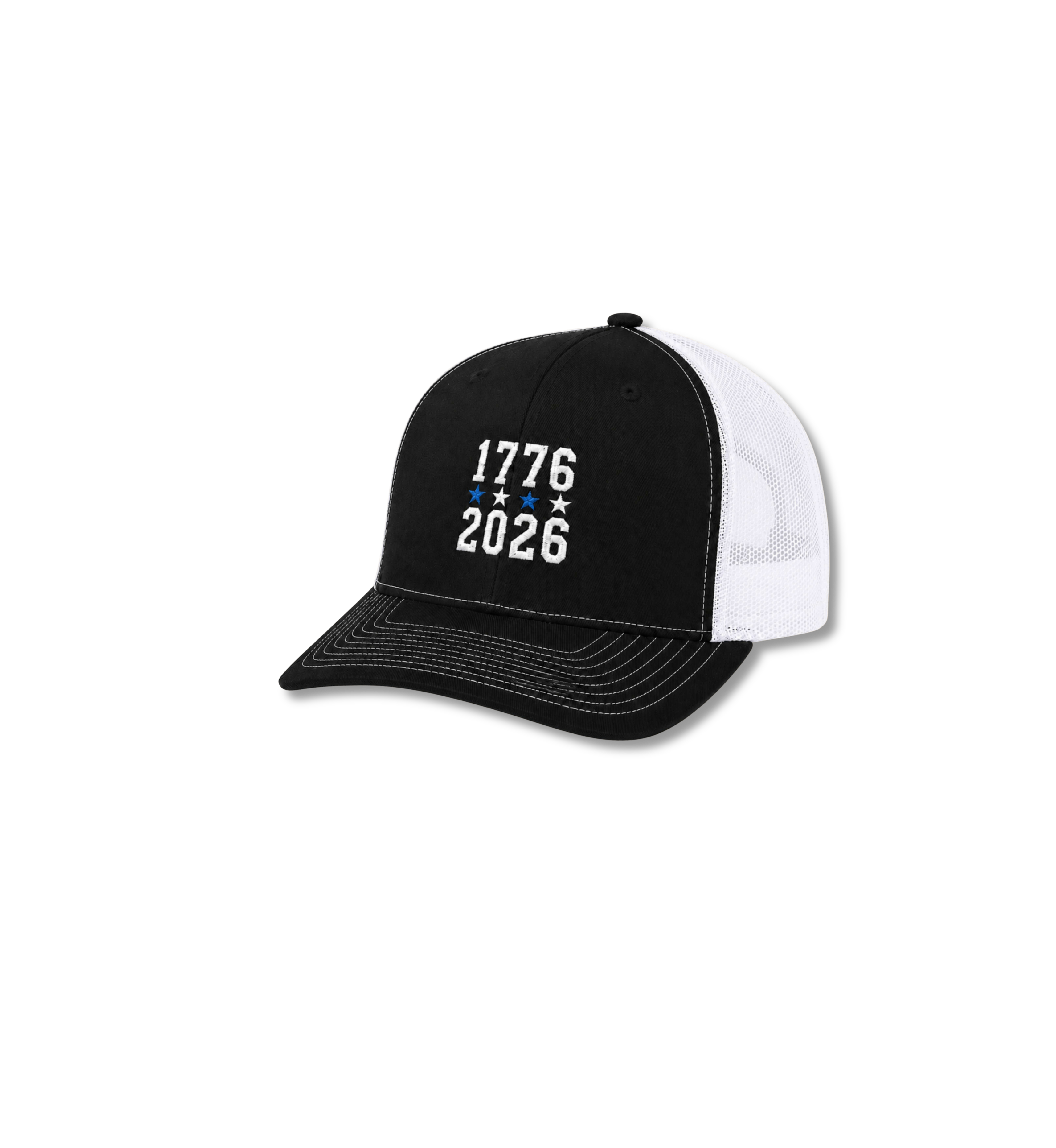 1776-2026 Embroidered Trucker Cap – Black and White Patriotic Western Hat