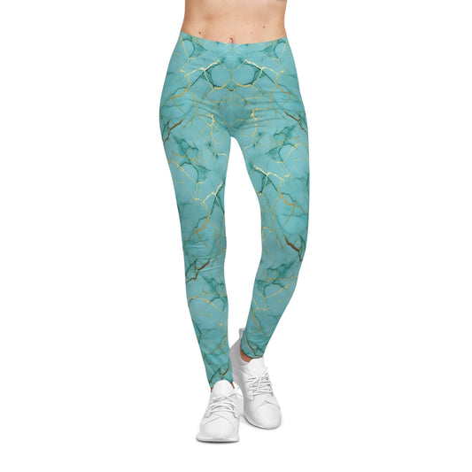 Turquoise and Gold Marble Leggings Front