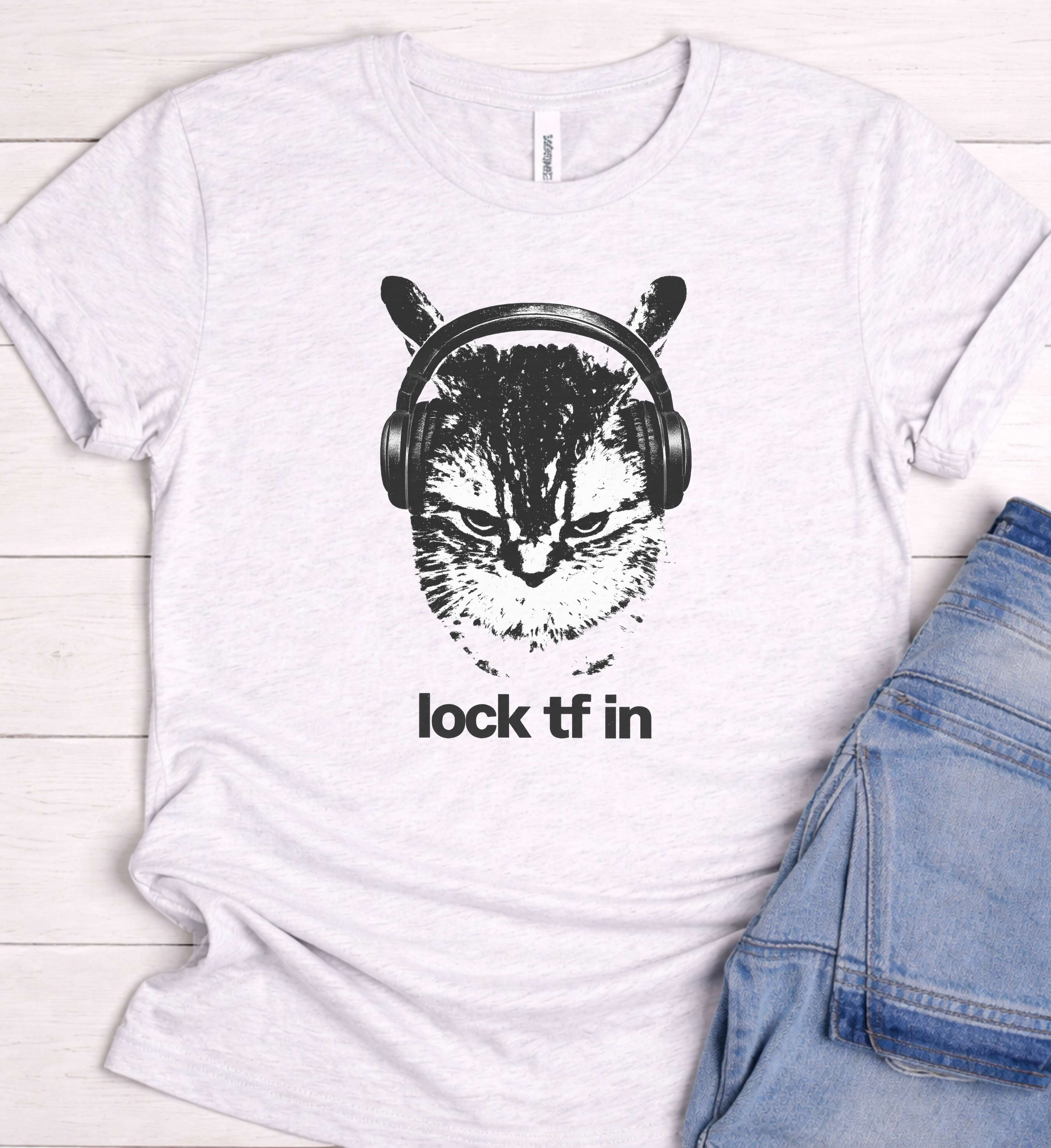 Funny Cat Headphones Shirt – “Lock In” Music Graphic Tee