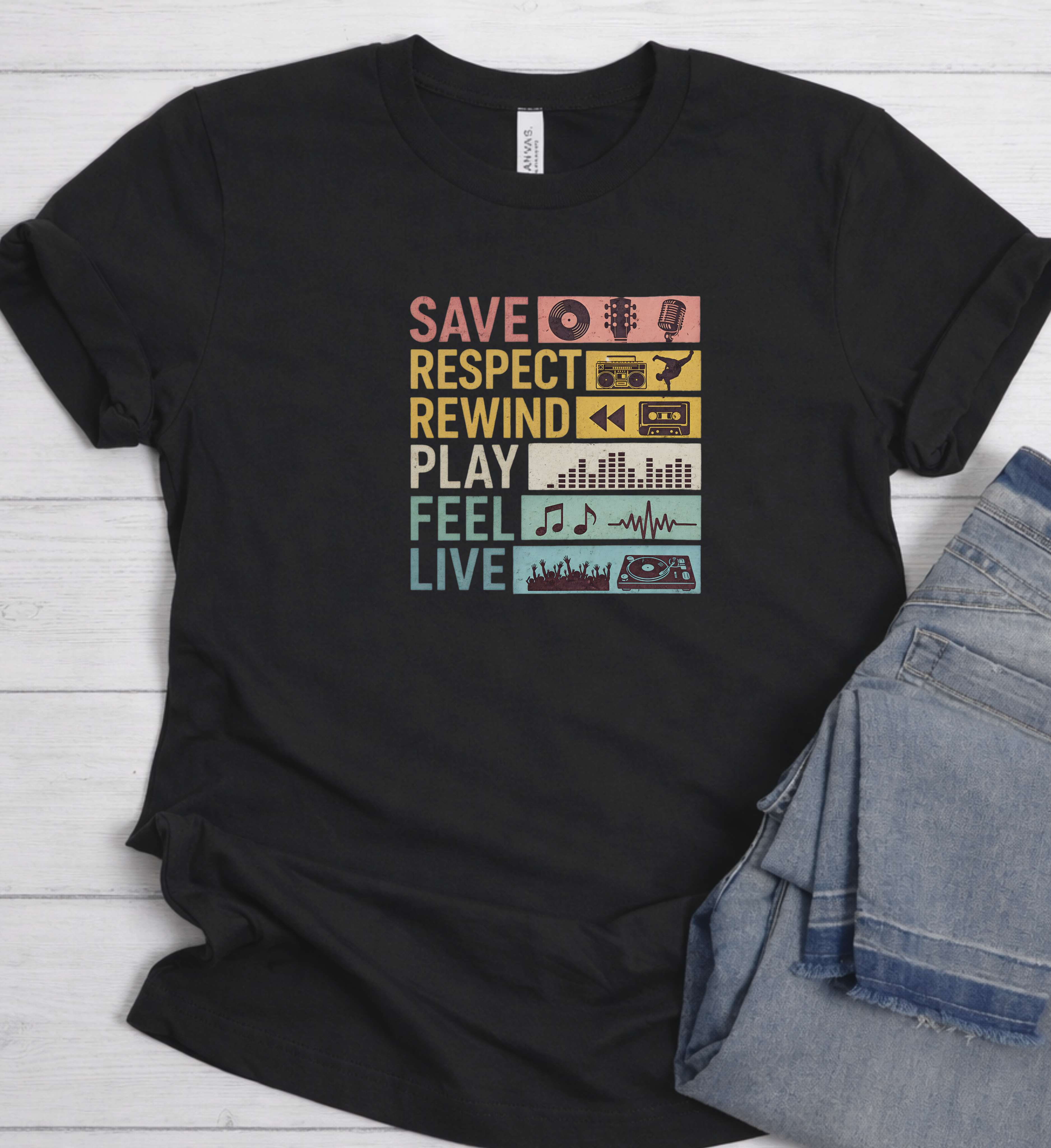 Retro Music Shirt – Save Respect Rewind Play Feel Live Tee