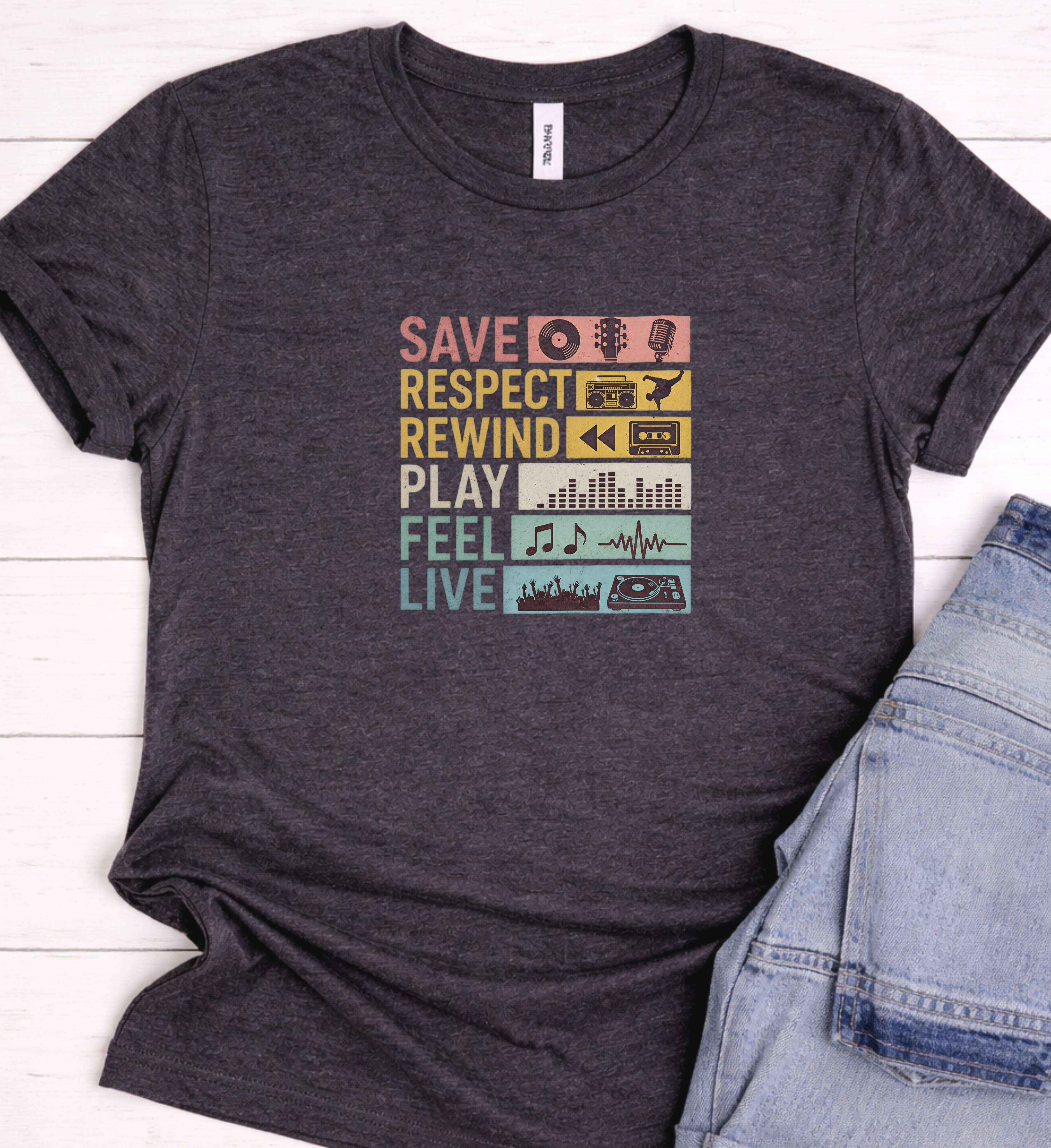 Retro Music Shirt – Save Respect Rewind Play Feel Live Tee