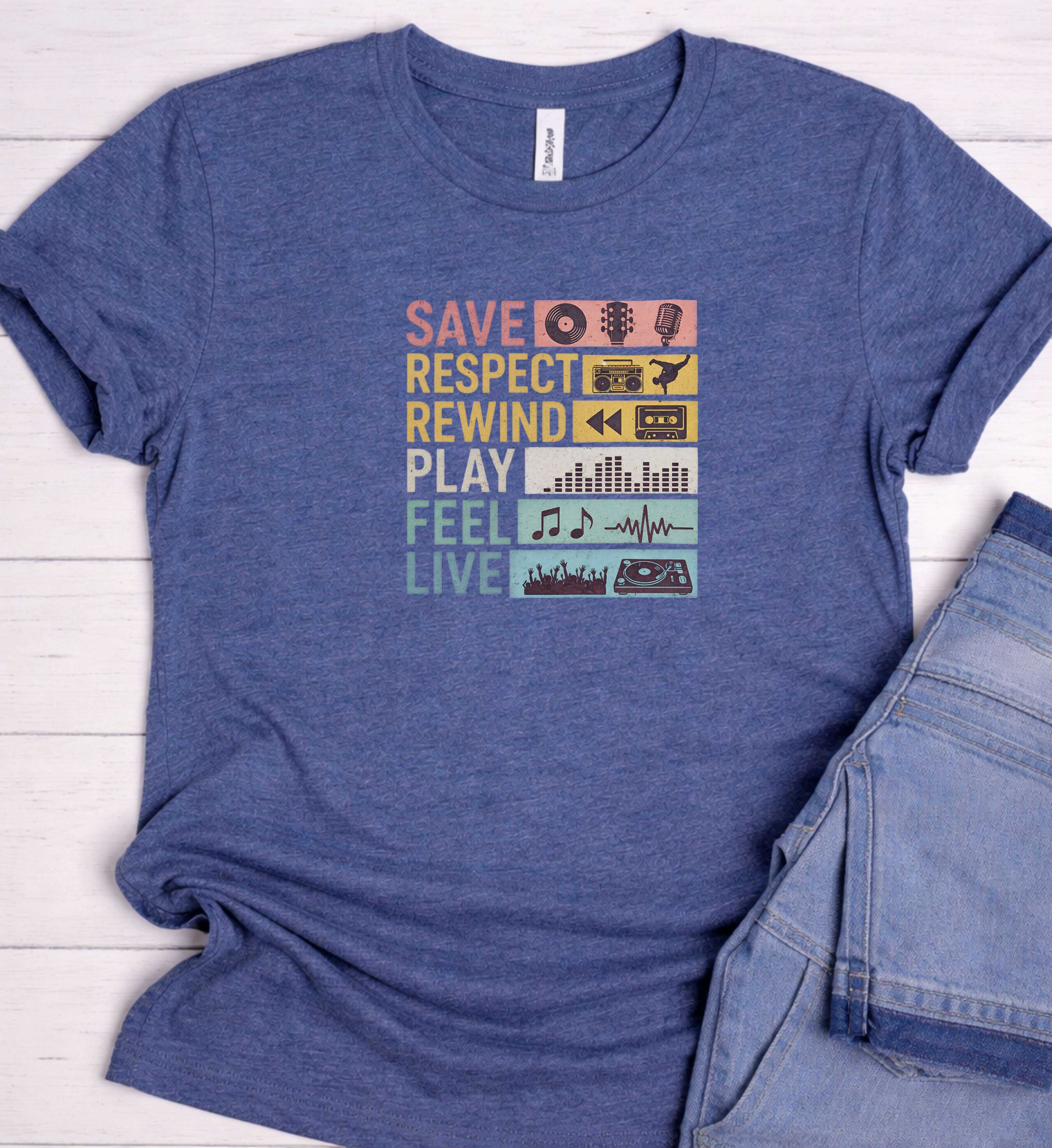 Retro Music Shirt – Save Respect Rewind Play Feel Live Tee