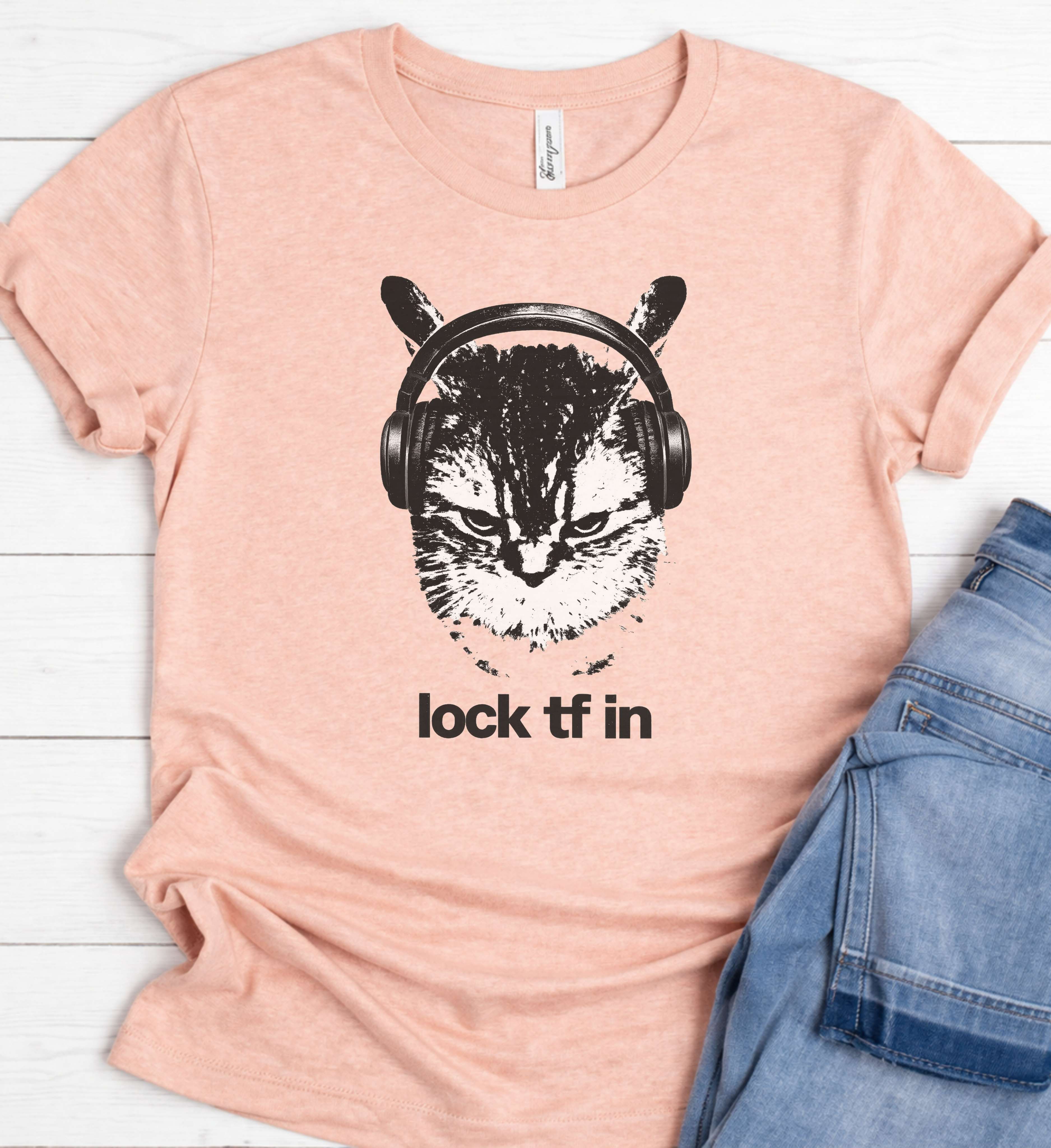 Funny Cat Headphones Shirt – “Lock In” Music Graphic Tee