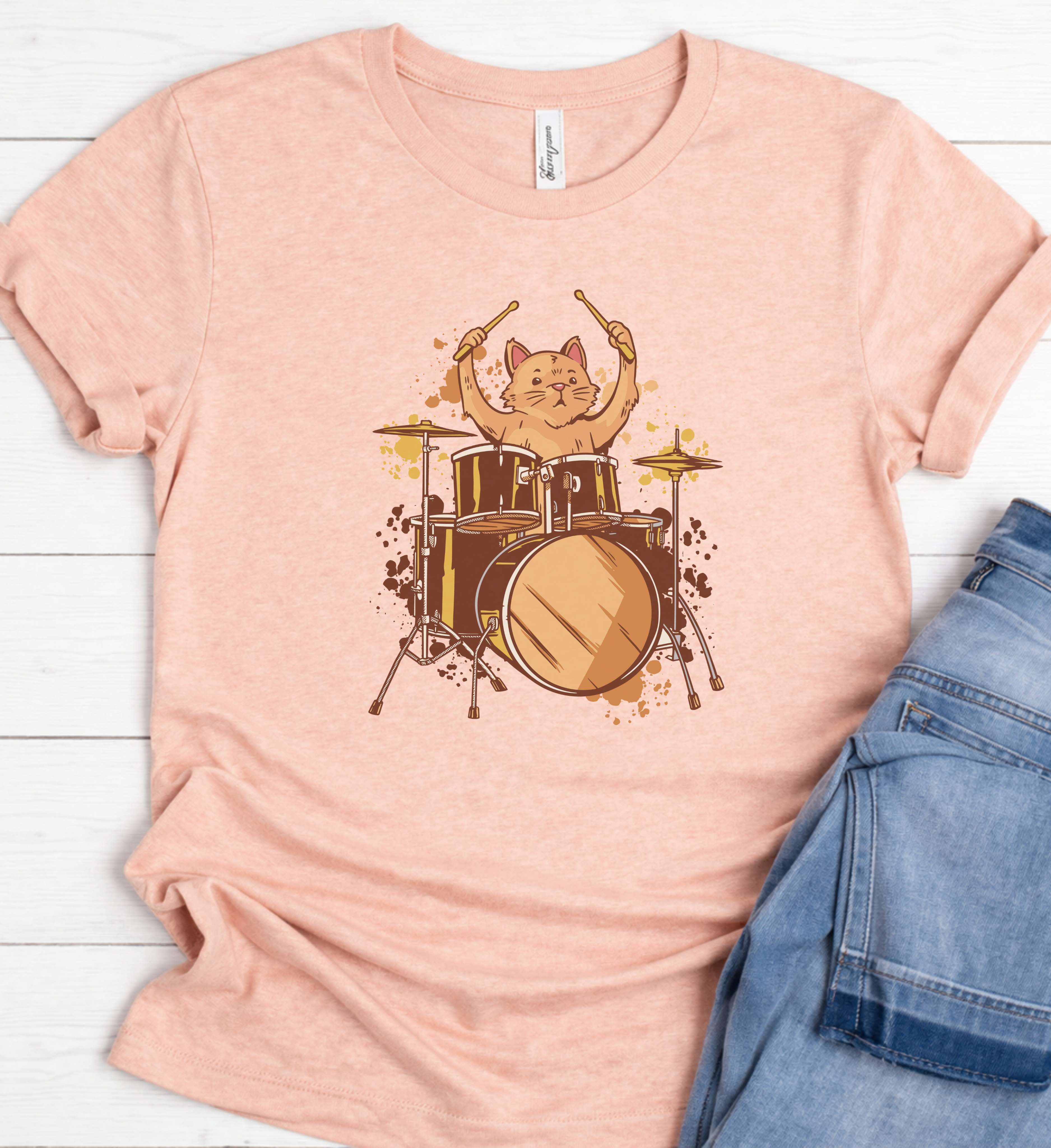 Cute Cat Drummer Shirt – Music Lover Tee