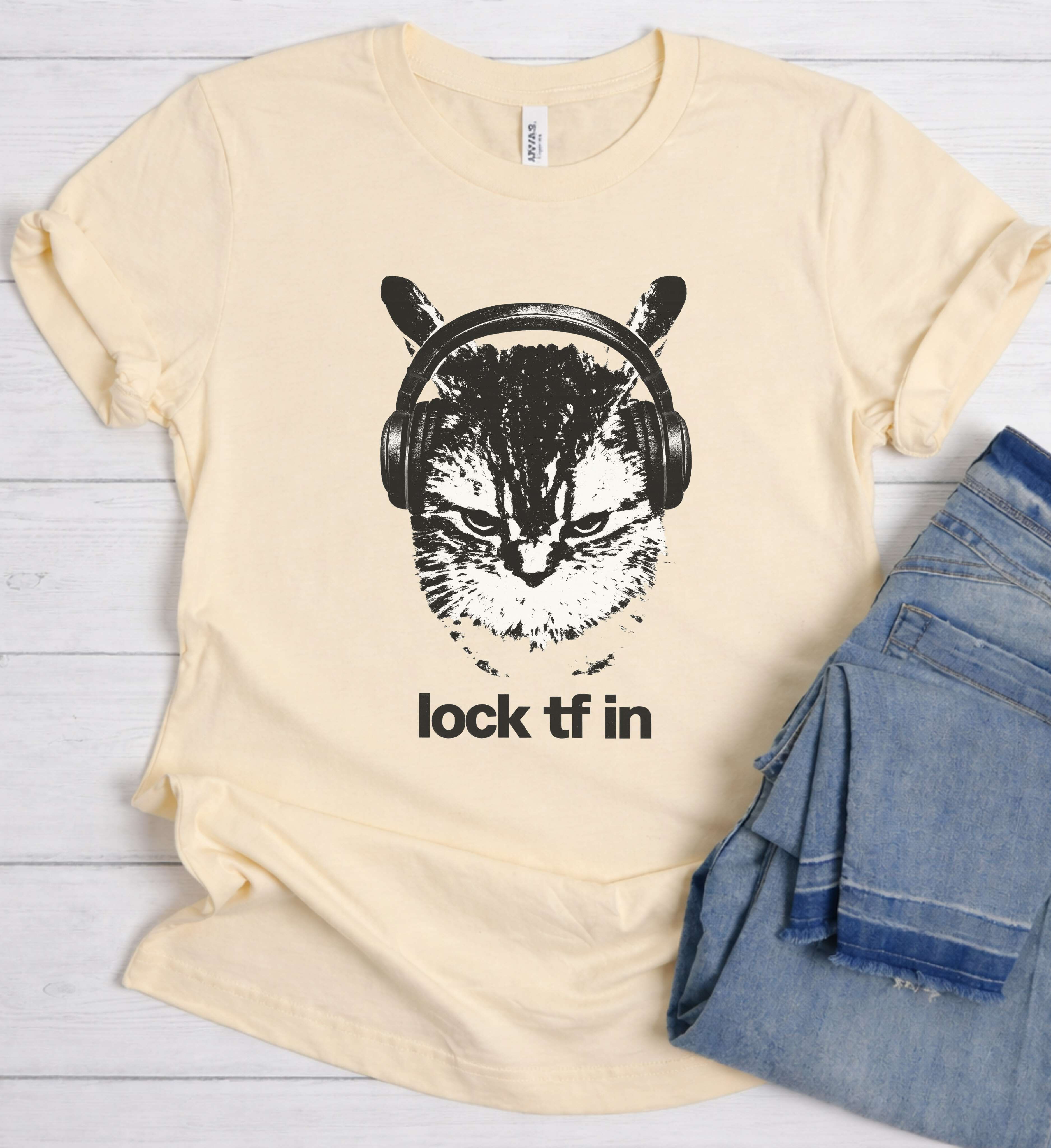 Funny Cat Headphones Shirt – “Lock In” Music Graphic Tee