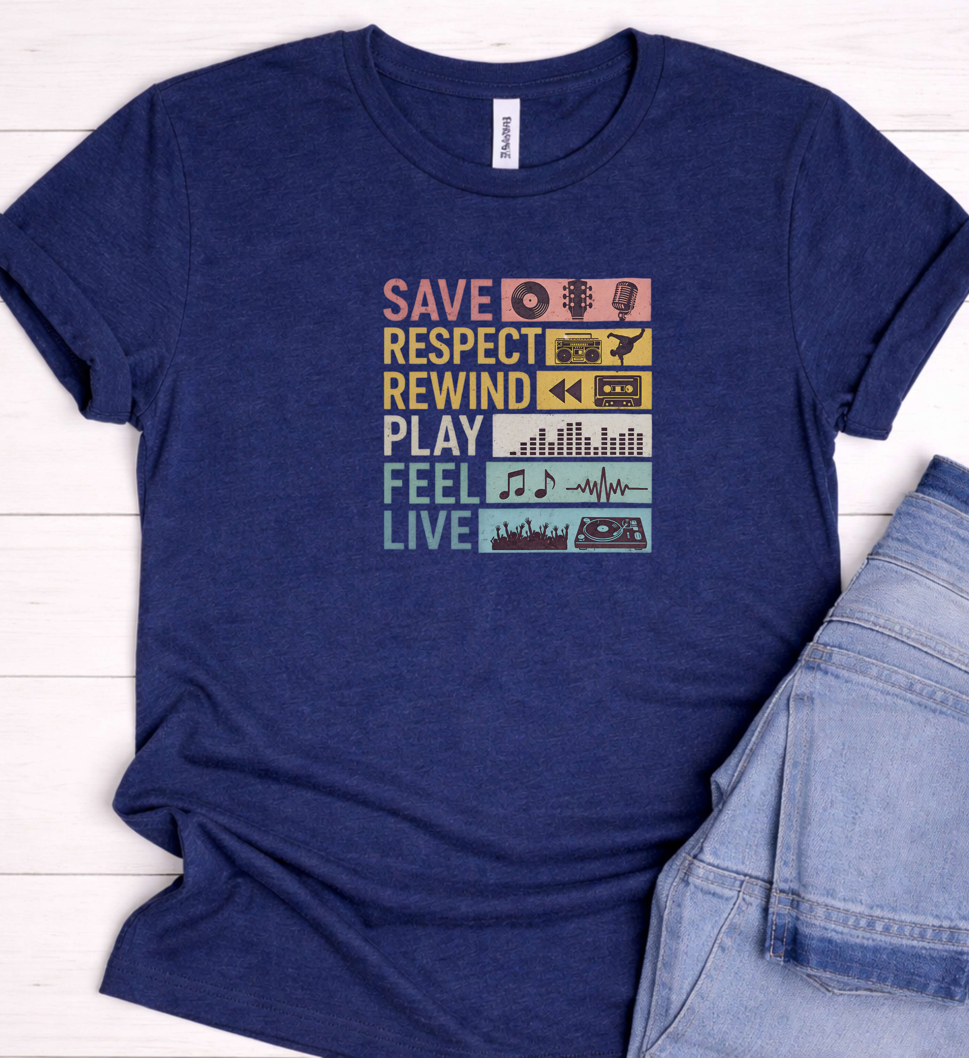 Retro Music Shirt – Save Respect Rewind Play Feel Live Tee