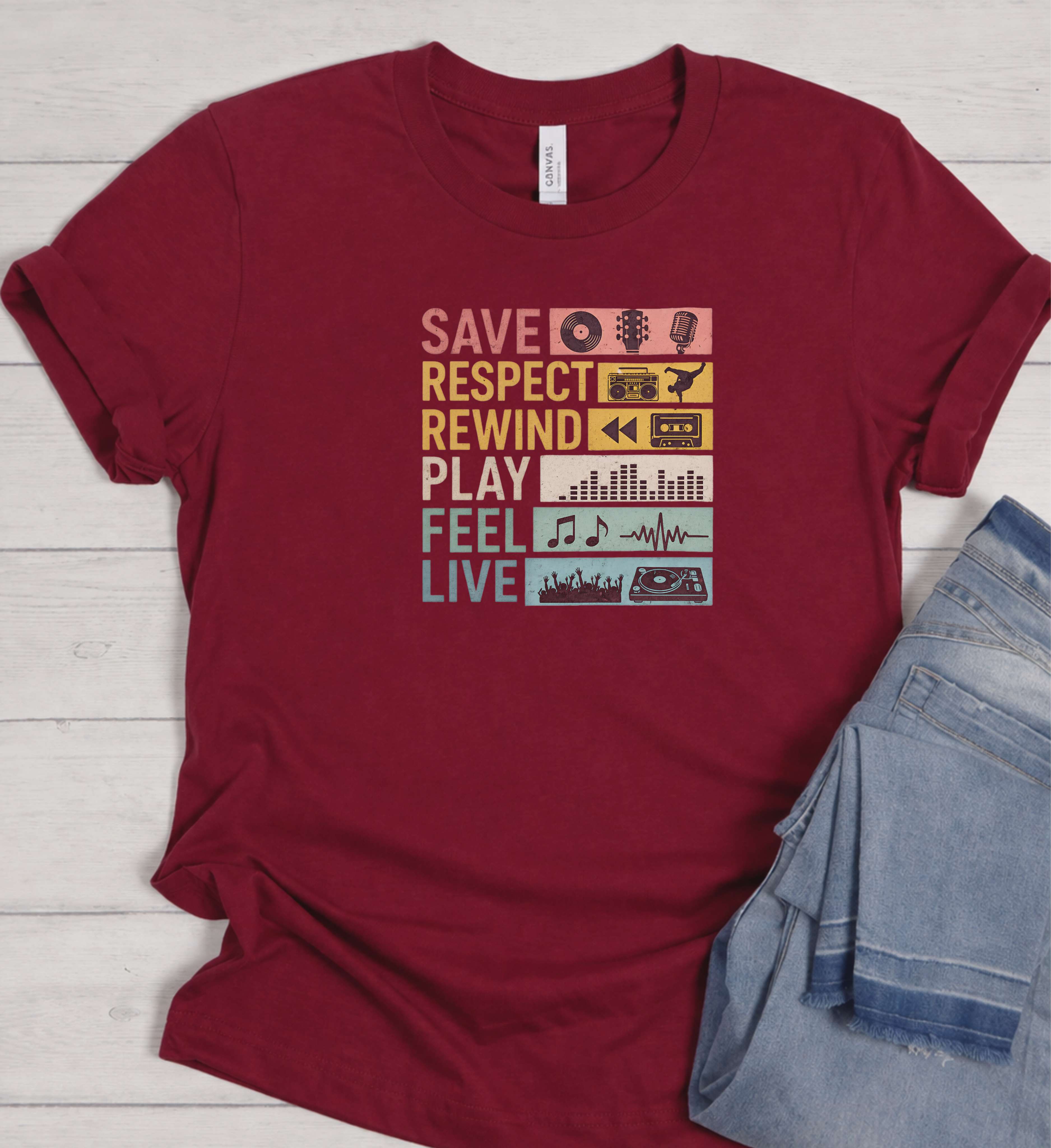 Retro Music Shirt – Save Respect Rewind Play Feel Live Tee