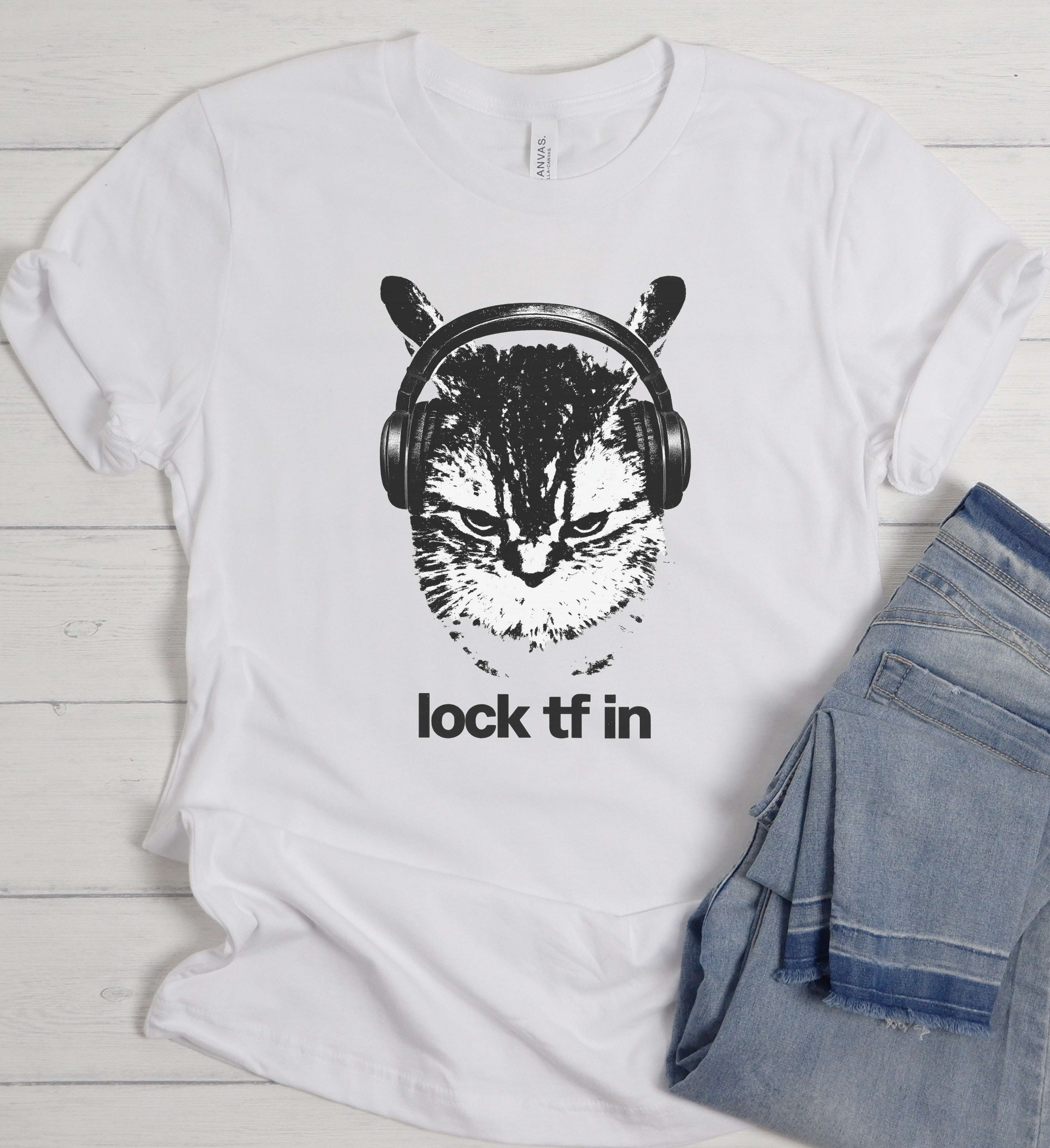 Funny Cat Headphones Shirt – “Lock In” Music Graphic Tee