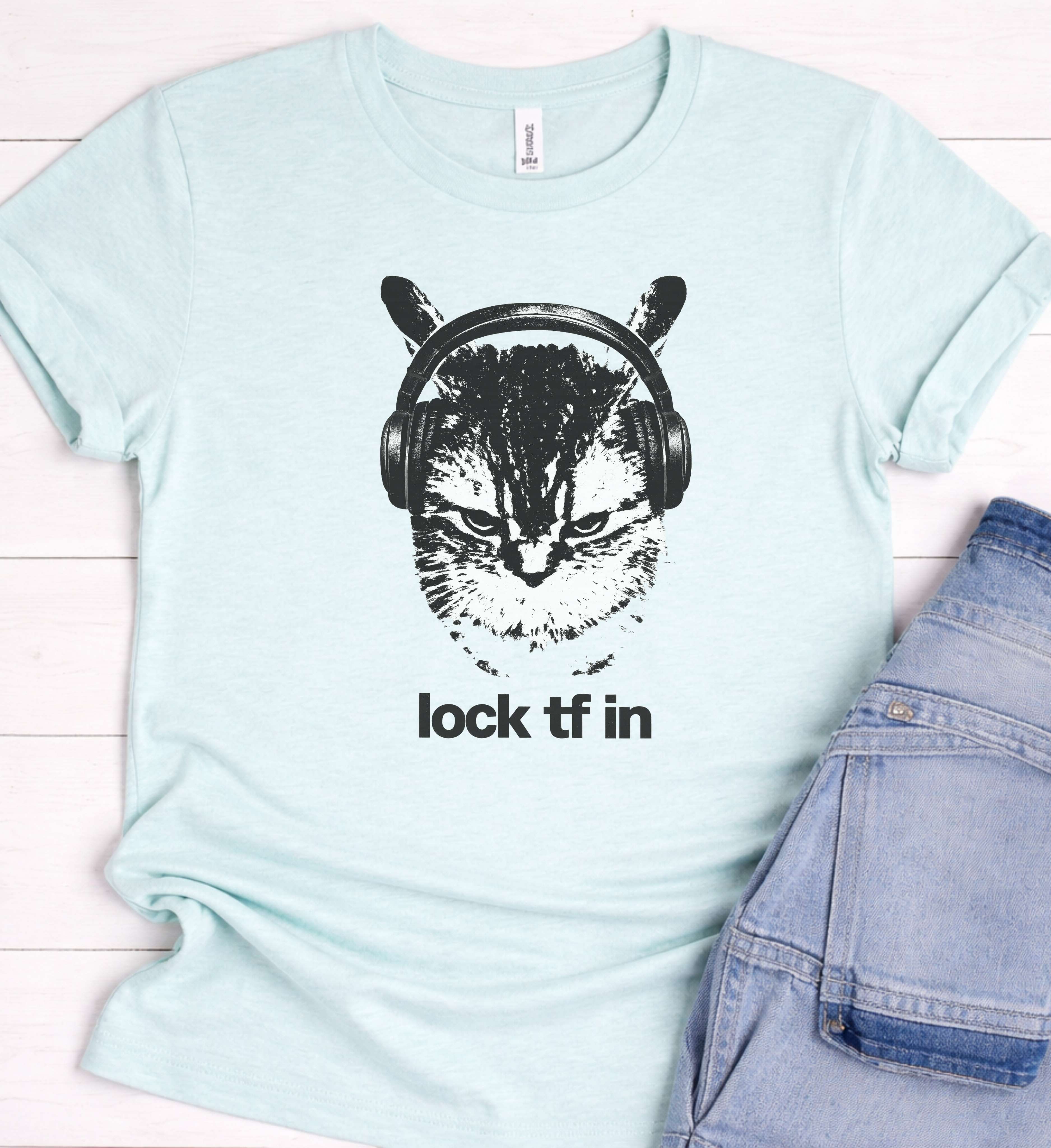 Funny Cat Headphones Shirt – “Lock In” Music Graphic Tee