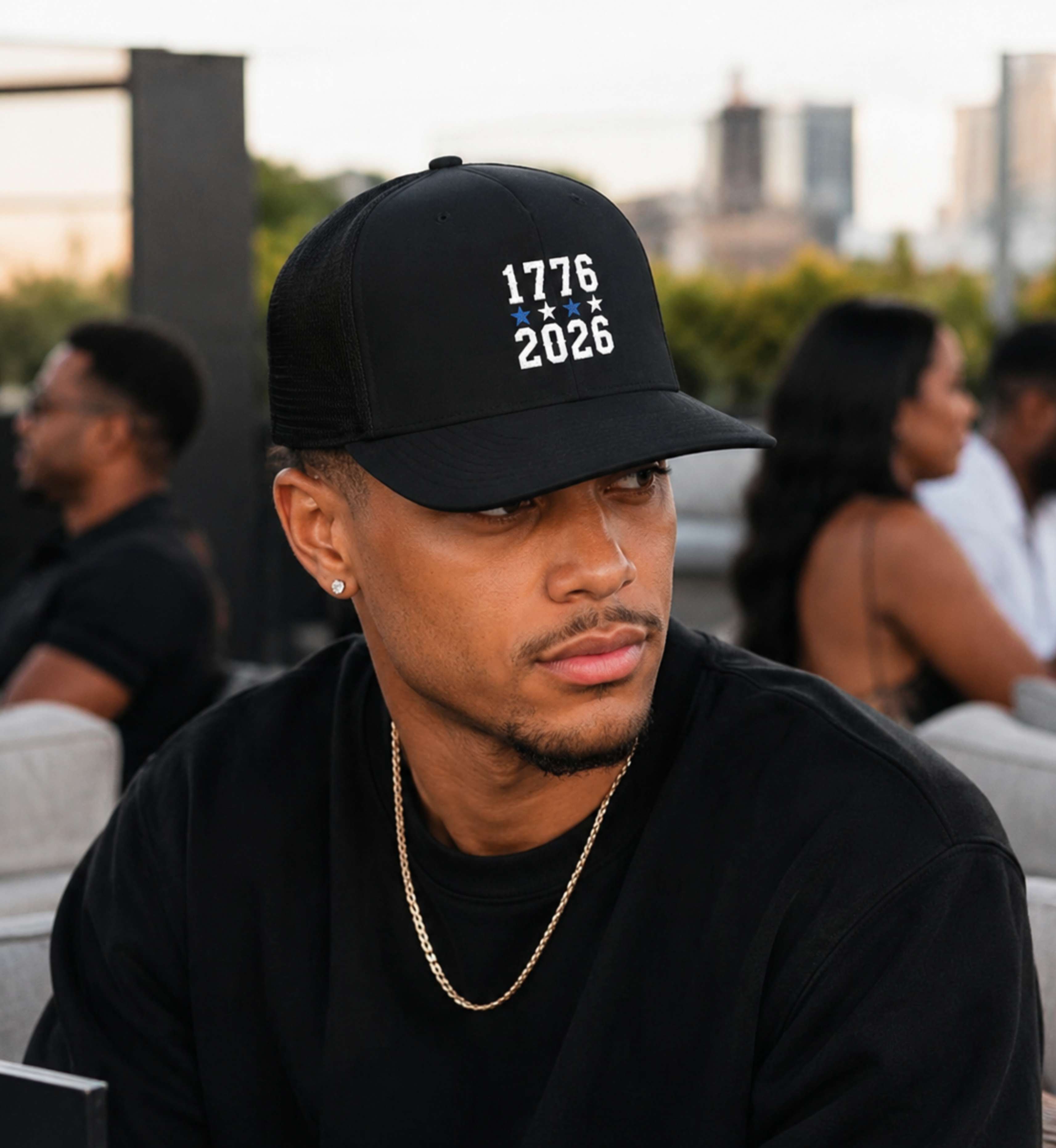 1776-2026 Embroidered Trucker Cap – Black and White Patriotic Western Hat